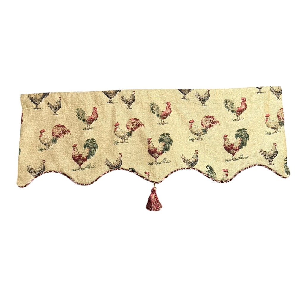Rooster Henโ Tapestry Scalloped Window Valance with Tassel Trim 49 Inch Wide